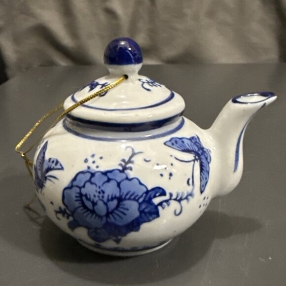 Unbranded Other - Vintage Miniature Mini Teapot Ornament Blue White Porcelain Floral Butterfly 3"